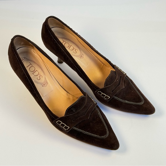 Tod's Shoes - Tod's Penny Loafer Suede Kitten Heel Pumps Women’s Size 8.5